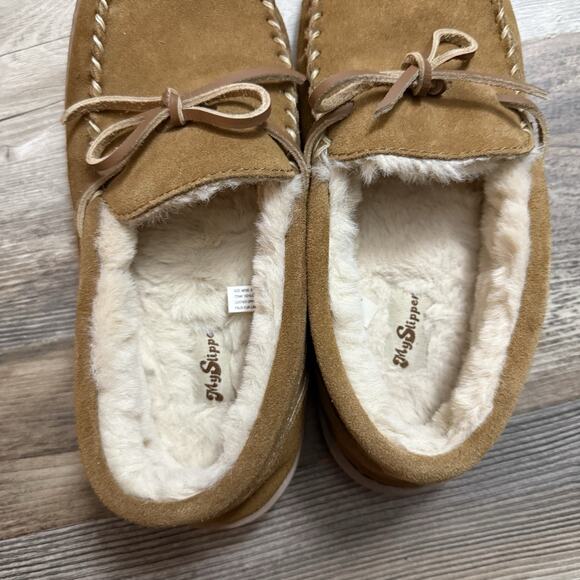 MySlippers Moccasin Slippers Men’s 9 Tan Suede Faux Fur Lined - Picture 4 of 4